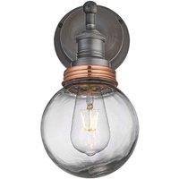 Industville Brooklyn Outdoor & Bathroom Wall Light, Pewter Holder, Copper Ring, Globe Glass in Dark Grey