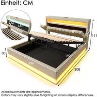 BTM 4FT6 Upholstered Hydraulic Bed, LED, USB C, Storage, Beige | Size: Double