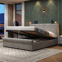 BTM 4FT6 Upholstered Storage Bed, Diamond Tufted, USB C, Grey | Size: Double