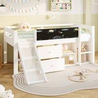 BTM 3FT Wooden Cabin Bed, Slide, Blackboard, Drawers, White | Size: Single