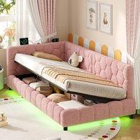 Merax 3ft Single Boucle Side Hydraulic Ottoman Day Bed with LED & Charging in Pink