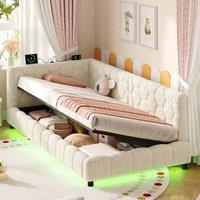 Merax 3ft Single Boucle Side Hydraulic Ottoman Day Bed with LED & Charging in Beige