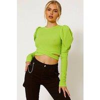 STYLEWISE Women's Puff Sleeve - Round Neck Fit - Ribbed Crop Top in Green | Size: 8