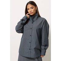 PixieGirl Women's Petite Gingham Cotton Funnel Neck Shirt in Mid Navy | Size: 10