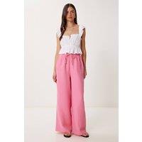 Happiness Istanbul Women's Wide Leg Drawstring Waist Pants with Binding Detail in Bright Pink | Size: XS