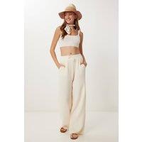 Happiness Istanbul Women's Wide Leg Drawstring Waist Pants with Binding Detail in Cream | Size: Large