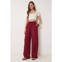 Happiness Istanbul Women's Wide Leg Drawstring Waist Pants with Binding Detail in Burgundy | Size: XL