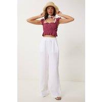 Happiness Istanbul Women's Wide Leg Drawstring Waist Pants with Binding Detail in White | Size: 2XL