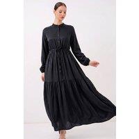 Big Dart Women's Buttoned Crew Neck Maxi Dress with Waistband in Black | Size: Large