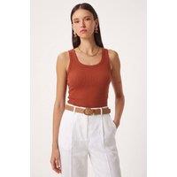 Happiness Istanbul Women's Fitted Cotton U Collar Tank Top in Terracotta | Size: Large