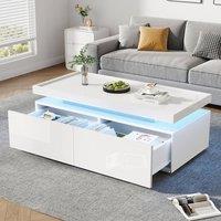 Rolipo Modern White High Gloss LED Coffee Table with 2 Drawers | Size: 1 Pack