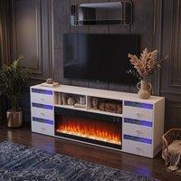FENCHILIN Electric Fireplace TV Stand with 6 RGB Glitter Drawers Bluetooth 180cm in White