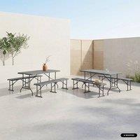 sweeek Folding steel reception table with 2 benches (set of 2) in Dark Grey