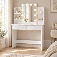 STILVORA Dressing Table with LED Mirror, 2 Drawers & 4 Shelves in White