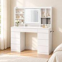 STILVORA Dressing Table with 9 Drawers, LED Mirror & Socket in White
