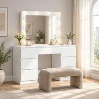 STILVORA LED Dressing Table with Mirror & 7 Drawers in White