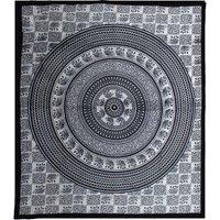 KDMD Double Cotton Bedspread + Wall Hanging - Mono - Elephant Mandala in Black