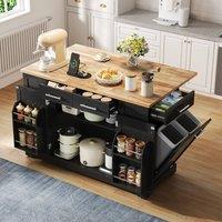 Matteo Large Kitchen Island with Folding Worktop & Power Outlet in Black