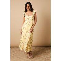 Oasis Women's Petite Floral Pleated Tie Shoulder Midi Dress in Lemon | Size: 14
