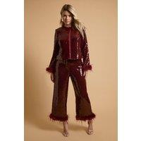 Oasis Women's High Waisted Sequin Feather Trim Trouser in Merlot | Size: 16