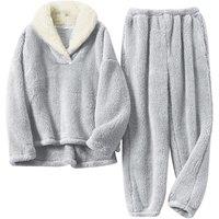 MODISHION Women's 2-piece Lapel Collar Loungewear Set in Grey | Size: Small