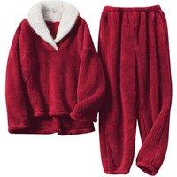 MODISHION Women's 2-piece Lapel Collar Loungewear Set in Red | Size: Medium