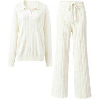MODISHION Women's 2 Piece Knitted Polo Sweater & Trousers Set in Off-White | Size: XL