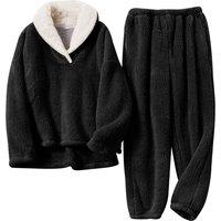 MODISHION Women's 2-piece Lapel Collar Loungewear Set in Black | Size: Large