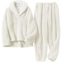 MODISHION Women's 2-piece Lapel Collar Loungewear Set in White | Size: Medium