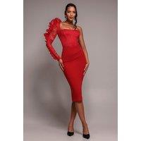 Goddiva Women's One Shoulder Organza Fan Detail Lace Bodice Midi Dress in Red | Size: 18