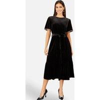 Yumi Women's Velvet Midi Dress With Embellished Sleeve in True Black | Size: 22