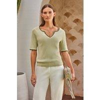 Pure Collection Women's Notch Neck Crochet Top in Green | Size: 16