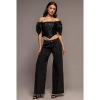 Goddiva Women's Off Shoulder Corset Top With Back Satin Bow in Black | Size: 8