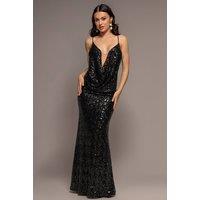 Goddiva Women's Plunge Cowl Criss Cross Back Sequin Maxi Dress in Black | Size: 10