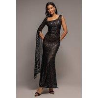 Goddiva Women's One Side Cape Sleeve Sequin Maxi Dress in Black | Size: 14