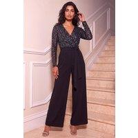 Roman Women's Sequin Wrap V-Neck Stretch Jumpsuit in Black | Size: 14