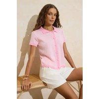 WOVCOR Women's Textured Button Front Polo Collar Knitted Blouse in Pink | Size: Small