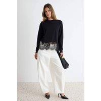 WOVCOR Women's Lace Detail Regular Fit Drop Shoulder Long Sleeve Sweatshirt in Black | Size: Large