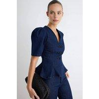 WOVCOR Women's V Neck Balloon Sleeve Peplum Denim Blouse in Dark Navy | Size: Small