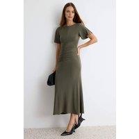 WOVCOR Women's Boat Neck Short Sleeve Ruched Midi Bodycon Dress in Khaki | Size: Medium