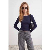 WOVCOR Women's Fitted Boat Neck Long Sleeve Blouse in Navy | Size: Large