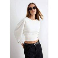WOVCOR Women's Crew Neck Long Sleeve Regular Fit Crop Sweatshirt in Ecru | Size: XL