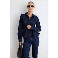 WOVCOR Women's Shirt Collar Long Sleeve Peplum Fitted Shirt in Dark Navy | Size: XL