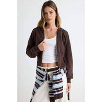 WOVCOR Women's Thick Hooded Zip Through Cropped Sweatshirt in Dark Brown | Size: Medium
