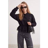 WOVCOR Women's Peplum Lace Detail Hooded Long Sleeve Knit Sweatshirt in Black | Size: Small