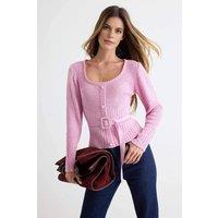 WOVCOR Women's Chenille Long Sleeve Belted Knitted Sweater in Pink | Size: Large