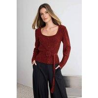 WOVCOR Women's Chenille Long Sleeve Belted Knitted Sweater in Burgundy | Size: Medium