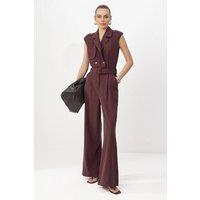 WOVCOR Women's Belted Wide Leg Sleeveless Collar Jumpsuit in Aubergine | Size: 10