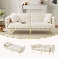 Rolipo 2-Seater Velvet Sofa Bed With Adjustable Backrest & Gold Legs in White