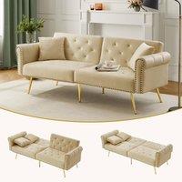 Rolipo Beige Velvet 2-Seater Sofa Bed With Adjustable Backrest